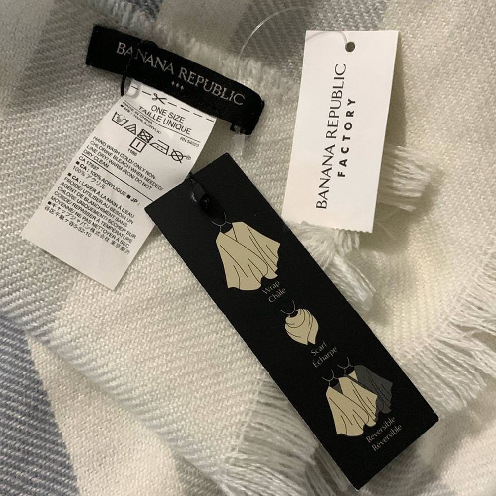 Banana Republic Reversible Poncho NWT Blue White Gray Striped Wrap Fringe NEW